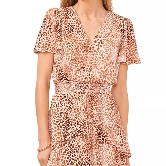 129$ VINCE CAMUTO Animal-Print Flutter Sleeve Tiered Midi Dress Size XS Beige - Picture 3 of 3
